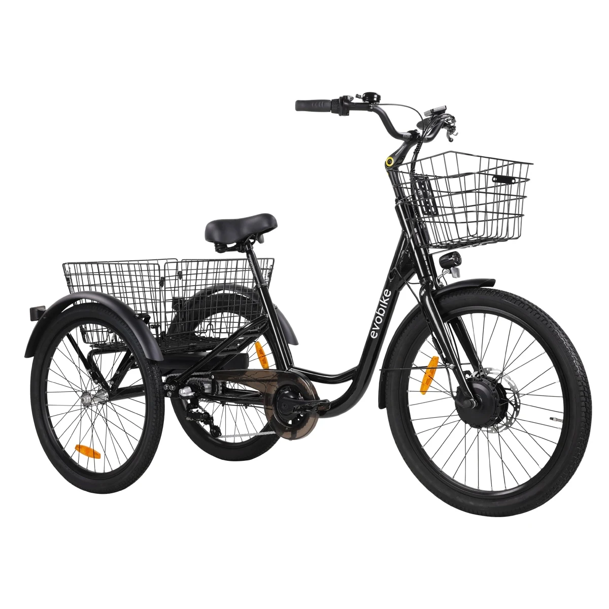 Evobike Elegant 2026 i svart, trehjulig elcykel med framkorg och bakkorg